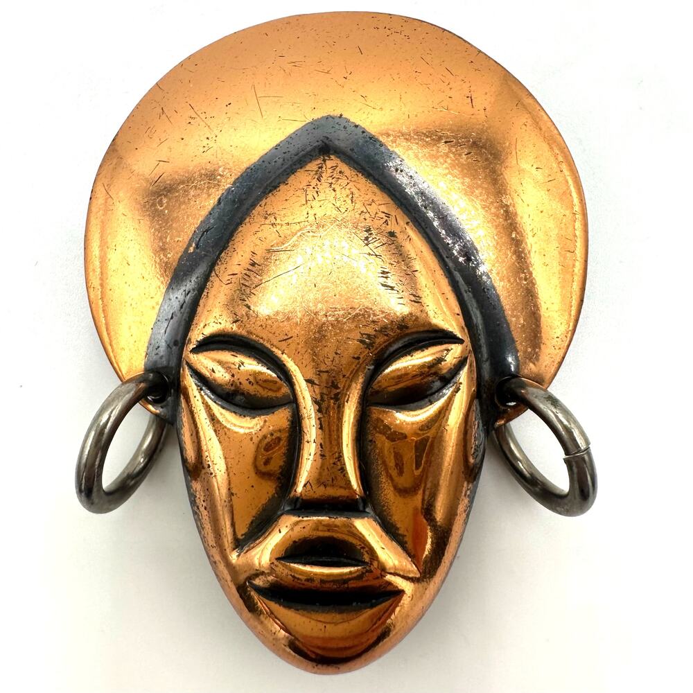 Vintage Elzac style solid copper gold silver tone tribal face figural brooch